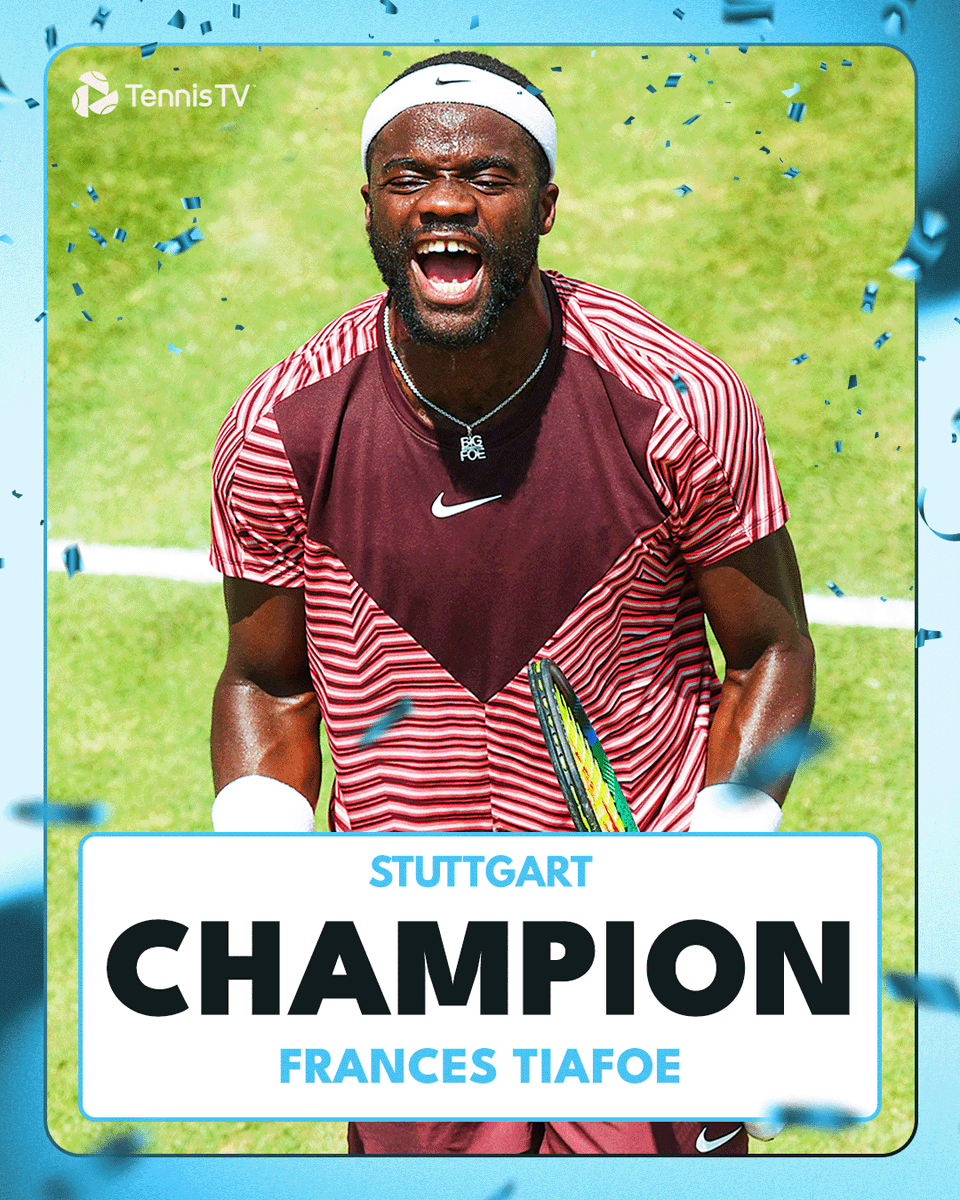 TennisTV's tweet photo. FRANCES THREE-AFOE 🏆

@FTiafoe saves a match point to defeat Struff 4-6 7-6 7-6 for his THIRD ATP title and first on grass!

#BOSSOPEN https://t.co/5uUaPFbu0Z