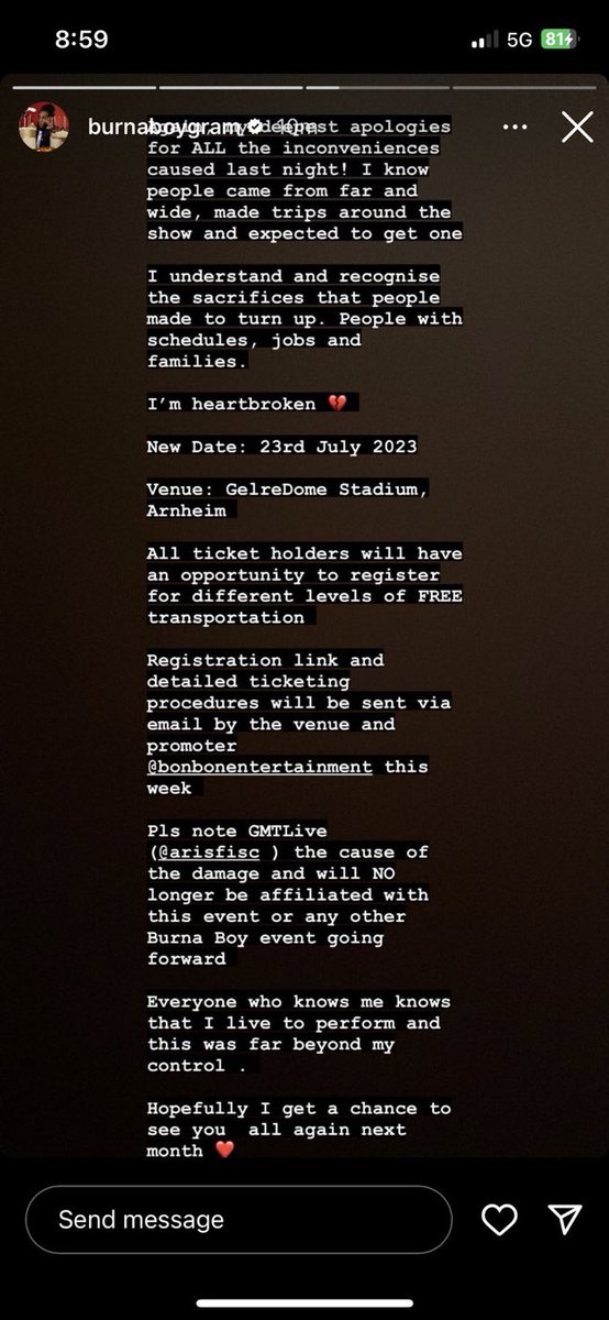 New date for Burna Boy Netherland 🇳🇱show plus free transportation. Love,Damini ❤️
#LoveDaminiStadiumTour #BurnaBoyNetherlandsStadium #BurnaBoyGelredomeArnhem