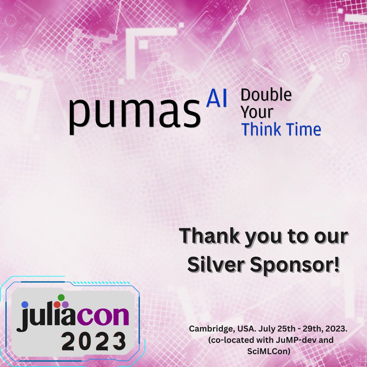 JuliaConOrg's tweet image. Thank you to our silver sponsor Pumas-AI, Inc. for helping make this conference possible!
pumas.ai

"We are committed to empowering pharmaceutical/biotech companies and healthcare providers to treat patients better."
juliacon.org/2023/

#datascience #juliacon
