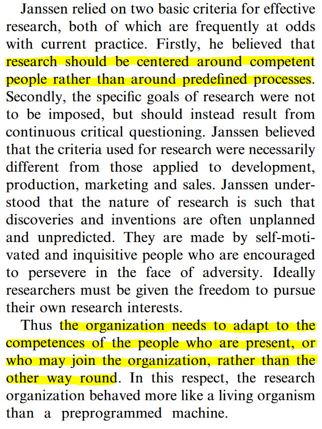 Dr. Paul Janssen, the founder of Janssen pharmaceutica (now J&amp;J), was one of the most prolific drug discovery scientists ever. Between 1953-1991 Janssen and his team discovered &gt;70 new medicines.

I enjoyed this paper about his R&amp;D philosophy: onlinelibrary.wiley.com/doi/abs/10.111…