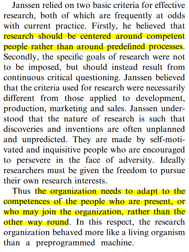 Dr. Paul Janssen, the founder of Janssen pharmaceutica (now J&J), was one of the most prolific drug discovery scientists ever. Between 1953-1991 Janssen and his team discovered >70 new medicines. I enjoyed this paper about his R&D philosophy: onlinelibrary.wiley.com/doi/abs/10.111…