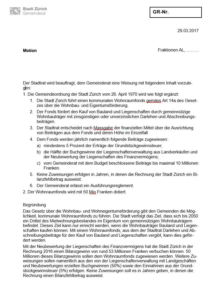 Anbei die Beilage zur Mail, die <a href="/al_zuerich/">Alternative Liste Zürich</a> am 23.03.17  <a href="/spzuerich/">SP Zürich</a> geschickt hat: "Sende euch Motion Wohnraumfonds. Bin gespannt auf Feedback. Wollen am Mittwoch Grüne, GLP und CVP informieren und am 5.4. einreichen". Dauerte nur 75 Monate😎 <a href="/mv_zuerich/">Mieterverband Zürich</a>