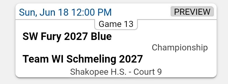 Good luck to Coach @hallieschmeling and @2024Wi 2027 Schmeling inthe Championship Game of the @NorthTartan Summer Jam Forest Lake Division 14U!!!

12 pm  Shakopee HS Ct 9

#SummerJam23
#TeamWisconsinFamily 
#TraditionLivesHere