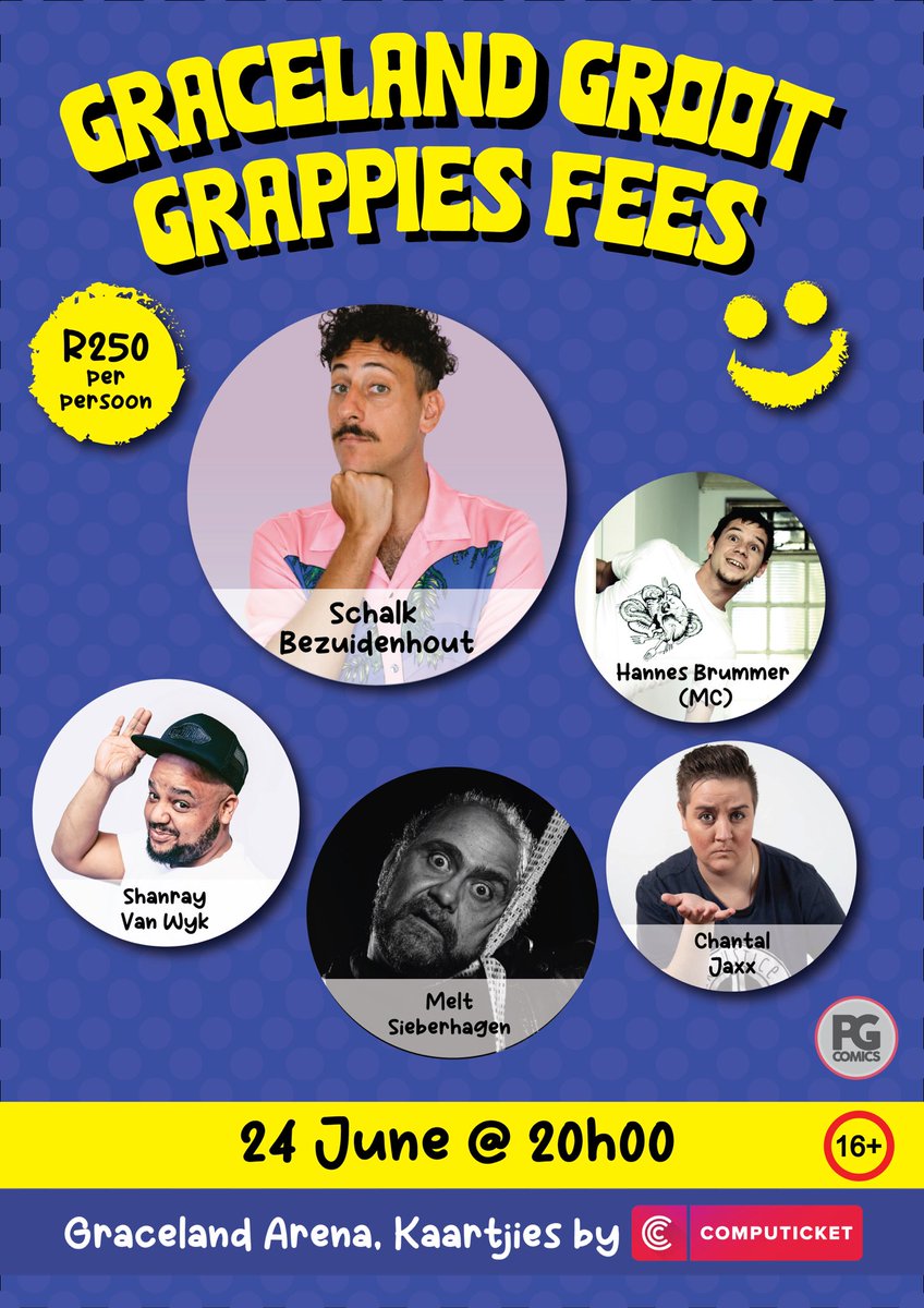 #GrootGrappiesFees met <a href="/schalkiebez/">Schalk Bezuidenhout</a> , <a href="/meltsieb/">Melt Sieberhagen</a> , <a href="/Maaskaas/">Hannes Brummer</a> , <a href="/Shanrayvwyk/">Shanray</a> , <a href="/JaxxJustice/">Jaxx Justice</a> - kaartjies by <a href="/Computicket/">Computicket</a>  facebook.com/reel/941910810…