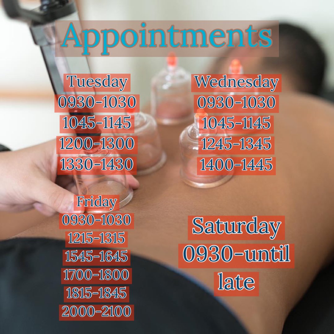 Availability for this week coming - includes Saturday! 

Get yourself fixed or relaxed!

#sleaford #lincolnshire #massage #holistichealth #holistic #sportsmassage #indianheadmassage #drycupping #hotstonassage #coldstonemassage #relaxation #relax #relaxing #injuryprevention