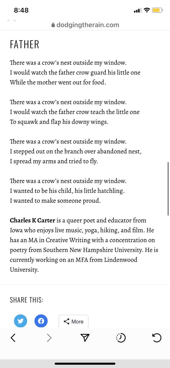 CKCpoetry's tweet photo. Since everyone else is doing it, here’s my Father’s Day poem. This was one of my first ever poems published anywhere. (Thanks @dodgingtherain!)

Here’s to those who never had the dads we deserved — you are worthy of love and no one’s absence or abuse takes that away from you! https://t.co/de9jHCze7R