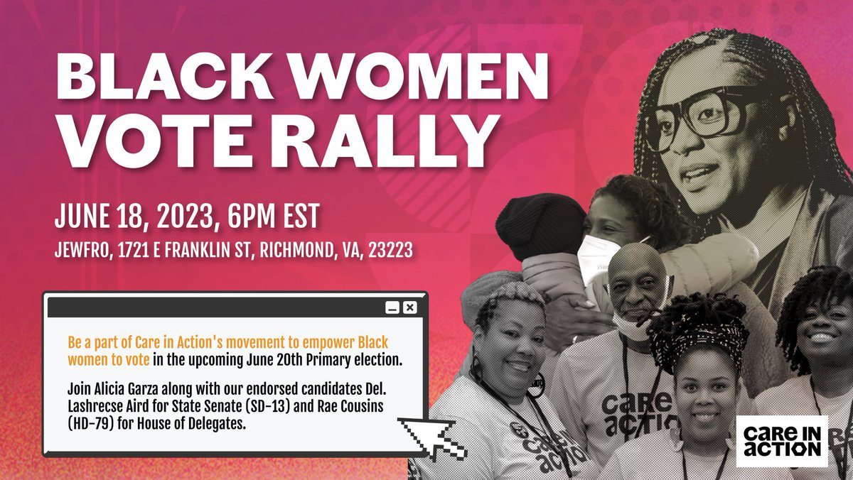 Care In Action (@careinactionus) on Twitter photo Join the Care in Action team in Virginia TONIGHT with our endorsed candidates <a href="/lashrecseaird/">Senator Lashrecse Aird</a> and <a href="/Rae_Cousins23/">Delegate Rae Cousins</a> and with special <a href="/aliciagarza/">Alicia Garza</a>!
We’re going to make sure Virginians are fired up and ready to vote women of color who care into office. Join the Care in Action team in Virginia TONIGHT with our endorsed candidates <a href="/lashrecseaird/">Senator Lashrecse Aird</a> and <a href="/Rae_Cousins23/">Delegate Rae Cousins</a> and with special <a href="/aliciagarza/">Alicia Garza</a>!
We’re going to make sure Virginians are fired up and ready to vote women of color who care into office.