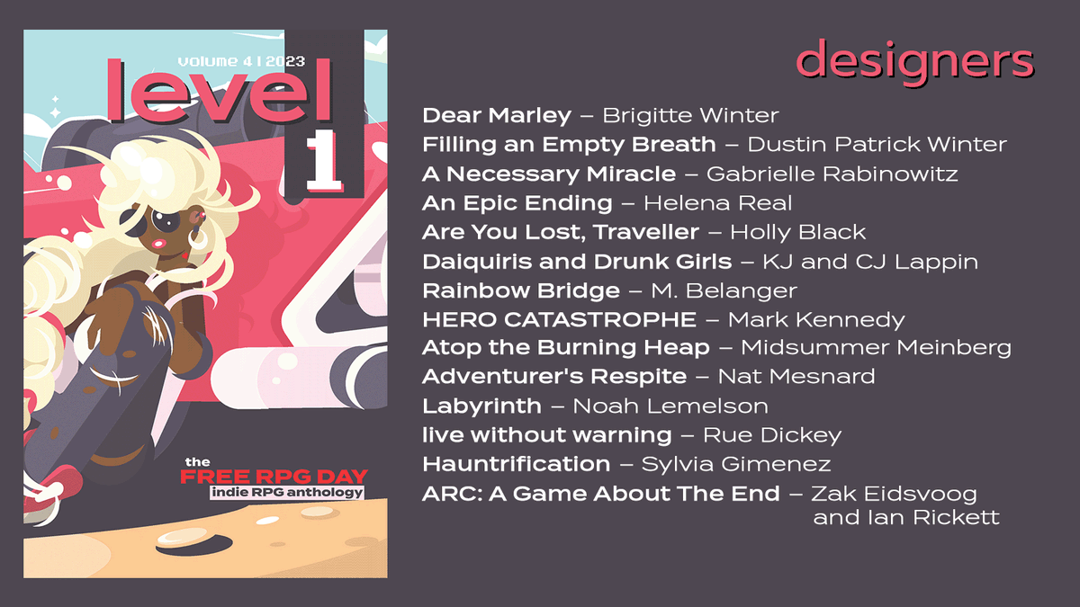 9thLevelGames's tweet photo. Get games by these 14 amazing #ttrpg designers on Saturday, June 24 during @FreeRPGDay! Print copies of The 2023 Level 1 Anthology will be FREE at your local game store... WHILE SUPPLIES LAST! 

https://t.co/ZDmrLtlliG

#FreeRPGDay #Level1Anthology https://t.co/PG7TxcCTpU
