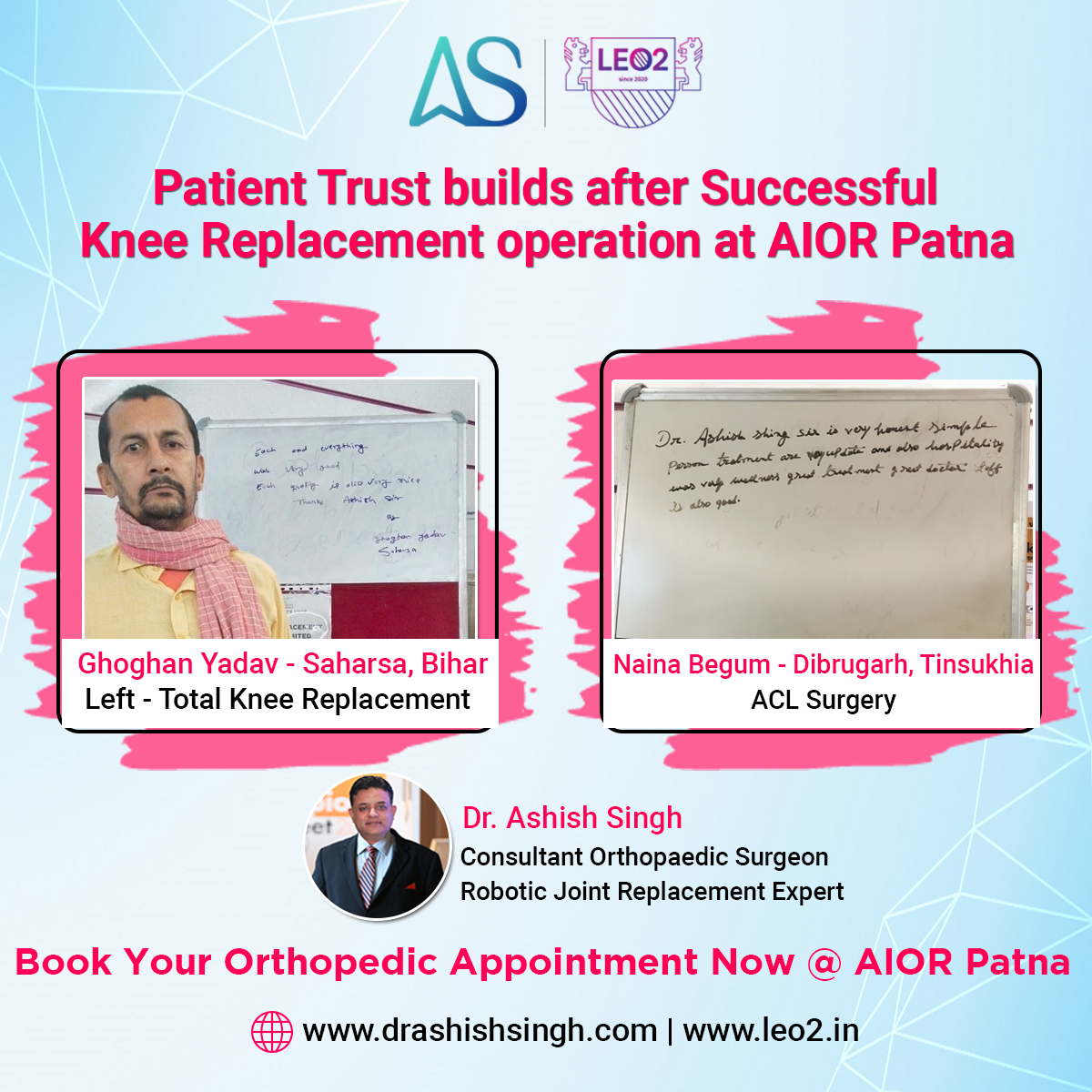 Patient Trust builds after Successful  Knee Replacement operation at AIOR Patna

#jointreplacementsurgery #jointpaintreatment #suddenjointpain #biharhospital #orthopaedicsurgeon #bestorthotreatment #orthopaedichospital #besttreatment #orthopaedicsurgeon #kneepaintreatmentpatna