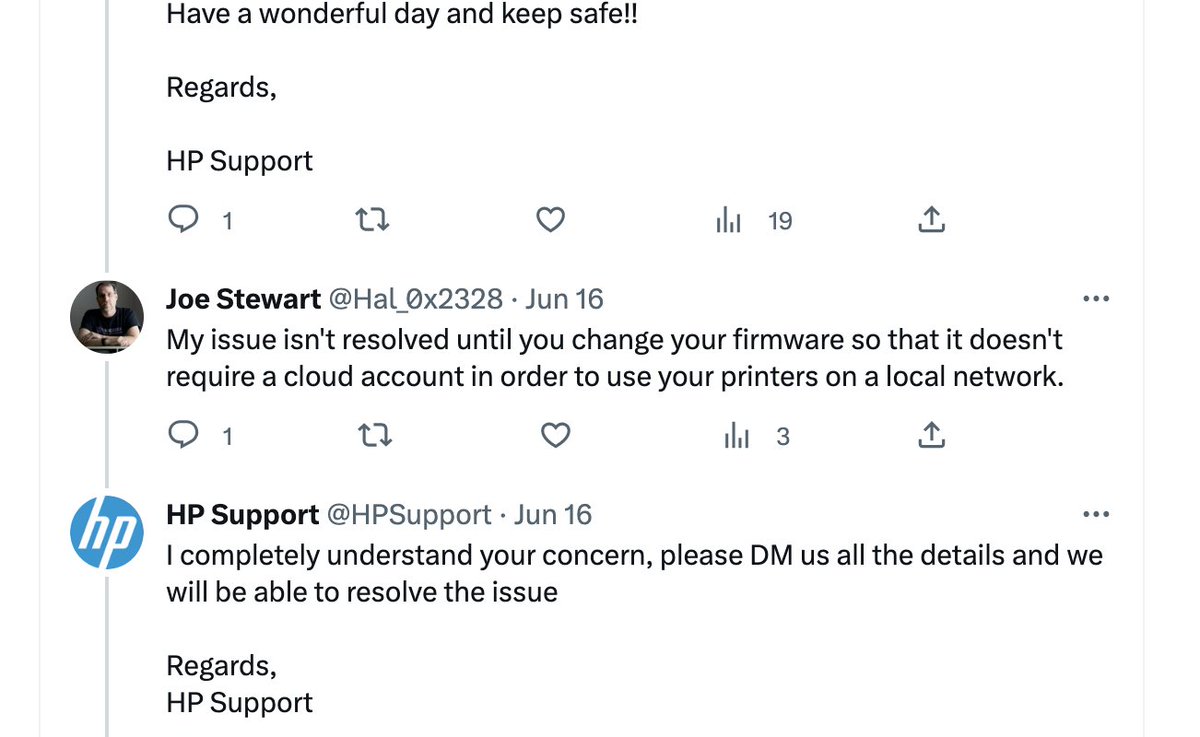 Hal_0x2328's tweet photo. @HPSupport You did hear back from me but your automated system apparently thinks the problem is on my end as if I'm confused somehow. But actually HP would need to incorporate both a policy and code change over an entire product line in order for there to be an acceptable resolution here. https://t.co/Mlq2Y287KA