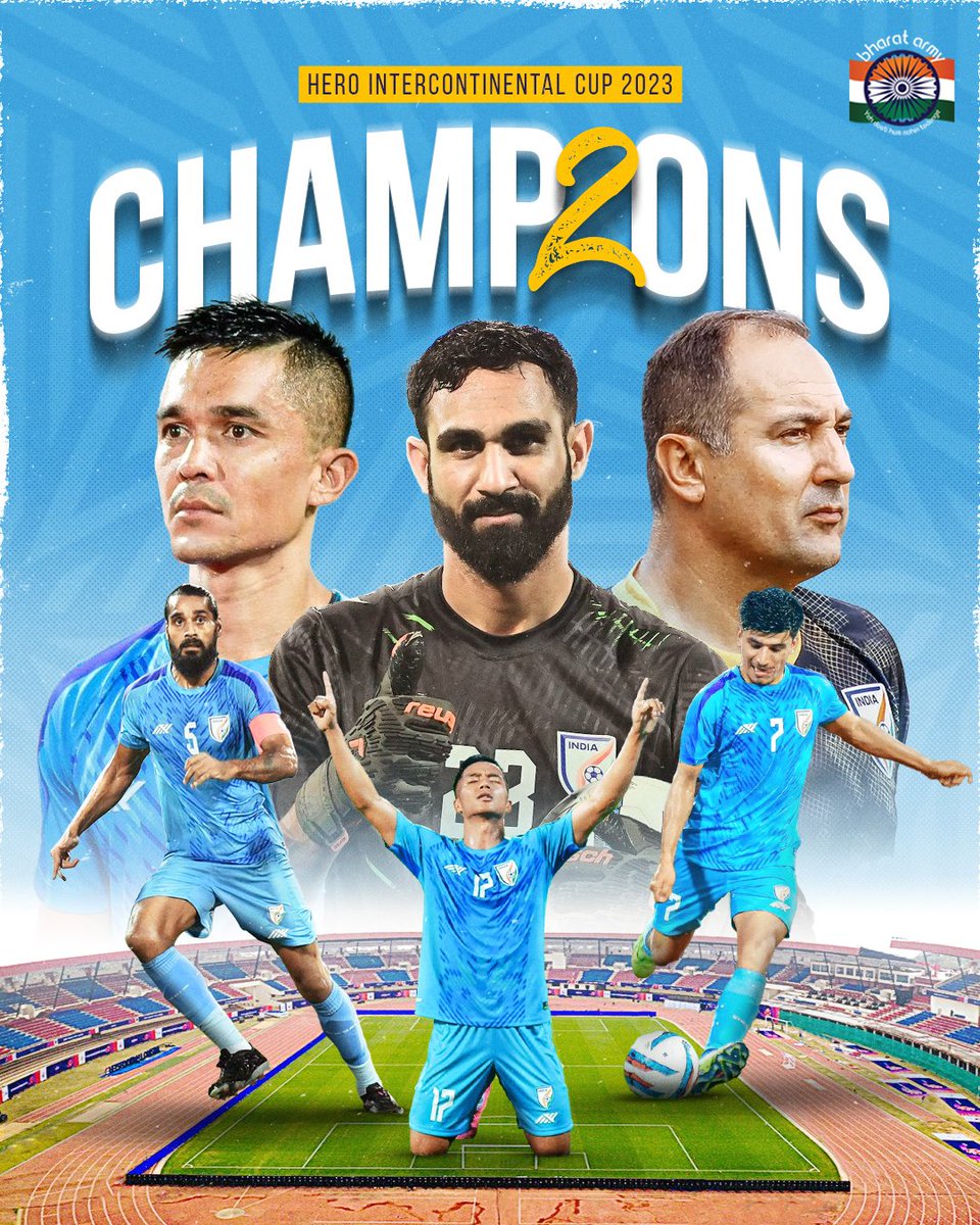 thebharatarmy's tweet photo. 🏆🇮🇳 CHAMPIONS! Our Blue Tigers emerge victorious, clinching their second Hero Intercontinental Cup title.

🐐🔥 El Capitano Sunil Chhetri delivers the goods once again for us, as always. 

📷 Pic belongs to the respective owners •  #HeroIntercontinentalCup  #INDLBN #BackTheBlue #IndianFootball #TeamIndia #BharatArmy