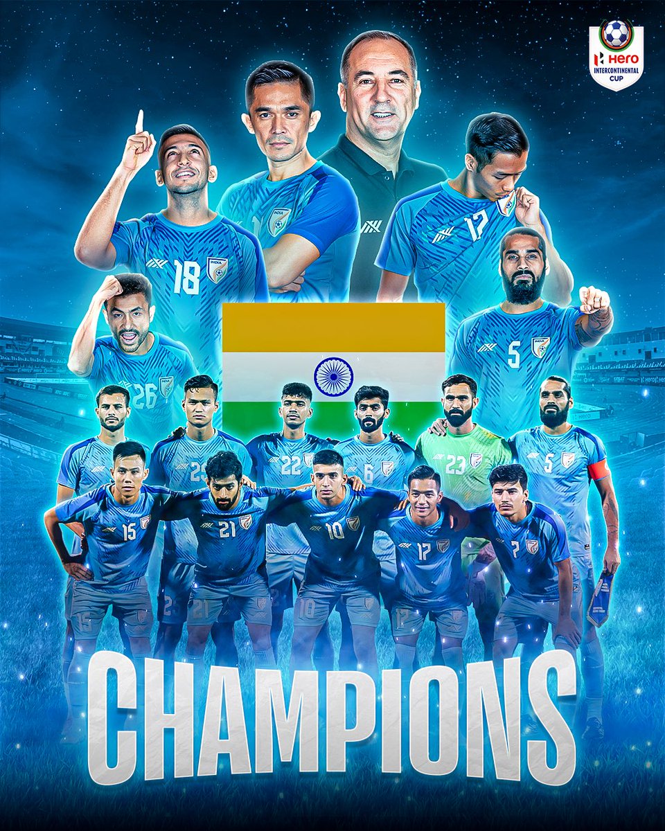 🎶🏆 𝐖𝐄 𝐀𝐑𝐄 𝐓𝐇𝐄 𝐂𝐇𝐀𝐌𝐏𝐈𝐎𝐍𝐒, 𝐌𝐘 𝐅𝐑𝐈𝐄𝐍𝐃 🏆🎶

An unbeaten @IndianFootball clinch the #HeroIntercontinentalCup 2023 trophy after 🔝 quality performances! 🤩💙

#INDLBN #HeroIntercontinentalCup #IndianFootball #BackTheBlue #BlueTigers