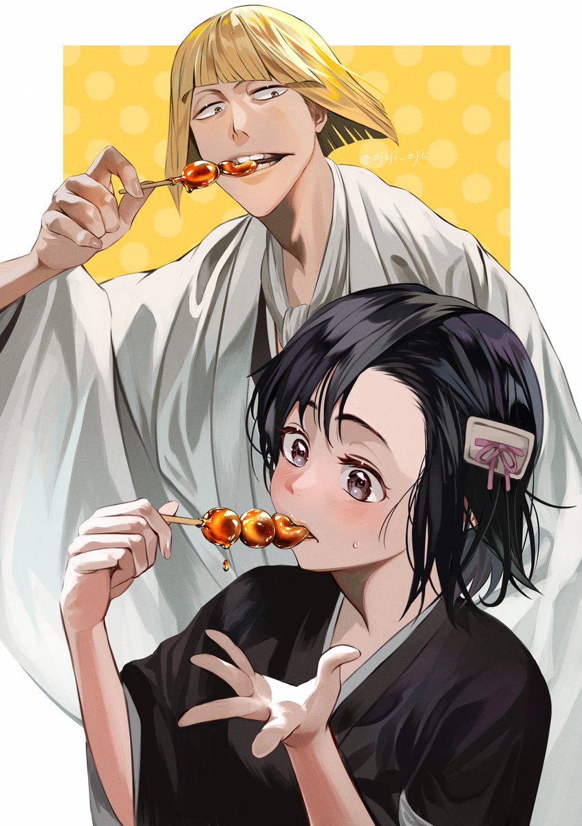 1girl 1boy food japanese clothes black hair blonde hair haori  illustration images