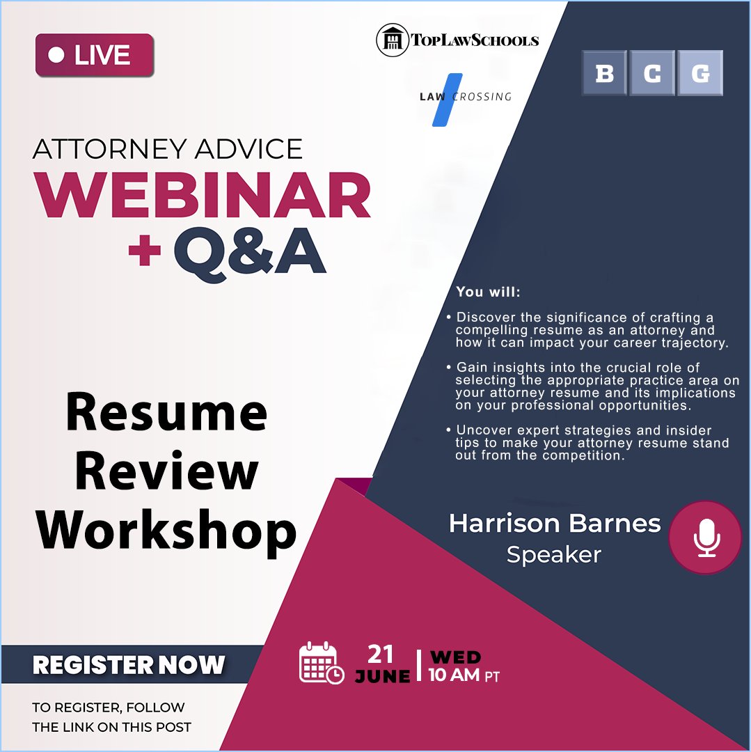 Discover the secrets to crafting a standout resume that catches the attention of top legal employers! Join the Free Webinar now!

Click the link to Register: bcgsearch.com/candidate_webi…

#Webinar #ResumeReview #LegalCareer #BCGAttorneySearch