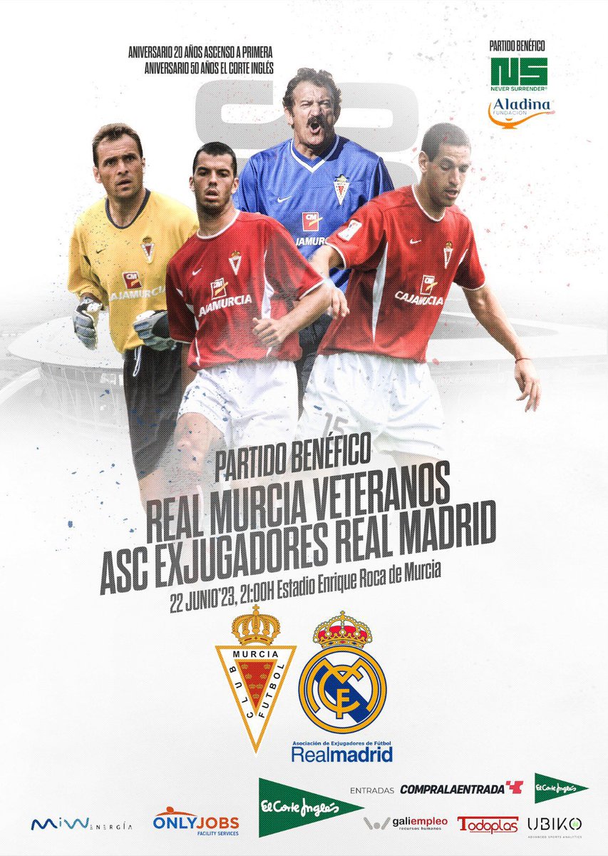 PARTIDO BENÉFICO | Real Murcia Veteranos 🆚 Asc. Exjugadores del Real Madrid C.F.

🗓 22/06 a las 21H.
🎟 5,50€ a través de venta online con <a href="/Compralaentrada/">Compralaentrada</a> aquí realmurcia.compralaentrada.com/eventos/
⭐️ En beneficio de <a href="/fneversurrender/">Fundación Never Surrender</a> y <a href="/FundAladina/">Fundación Aladina</a>
