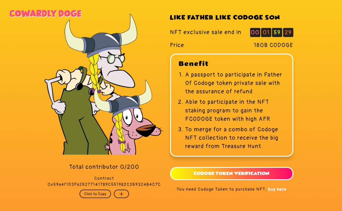 🫶 Father Of Cowardly Doge NFT Collection could be minted on Codoge.io platform!!!

🚀 Link: codoge.io/event
🚀 Total supply: 200

🐶👴🏻 Chance to own the first NFT Collection of Cowardly Doge

#CowardlyDoge #DOGE #FathersDay $CODOGE $FCODOGE #MEME
