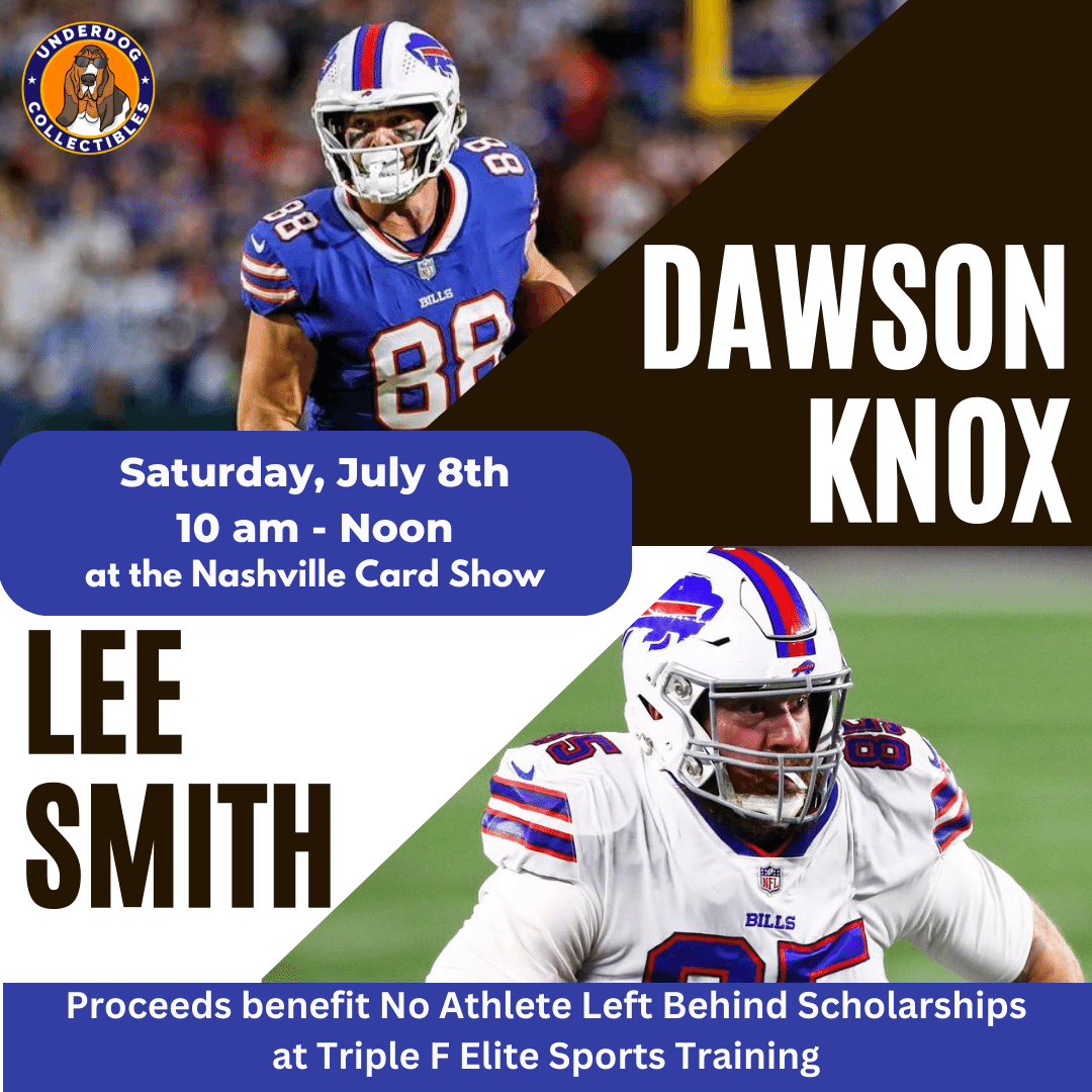 UdogCollect's tweet image. We're bringing 2 #BillsMafia stars to the @nashcardshow on July 8th.  All Proceeds will benefit training scholarships at @triplefknox Pre-purchase tix now! #collect #udogknox #sportscards #buffalobills #buffalony #nashville #graphin #autograph BUY TIX…