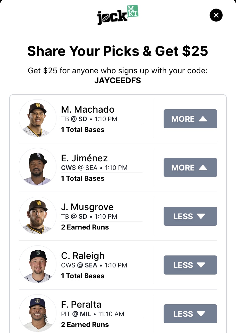 6/18/2023 - JockMT

Got a late start to my morning so just getting out as many slips as I can. 

All +EV plays found on the @DGFantasy Optimizer! GL if tailing.

#PrizePicks #prizepicksmlb #DFS #GamblingTwitter #MLB #FreePlays #prizepicknba #prizepickslocks