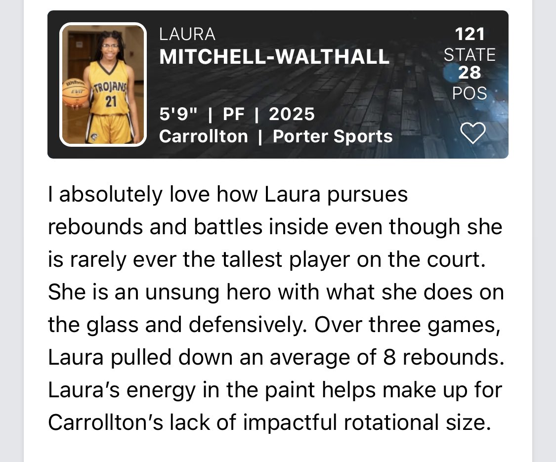 Carrollton Trojans WBB (@hoopstrojan) on Twitter photo Every team needs a player like <a href="/HoopsTrojan/">Carrollton Trojans WBB</a> c/o’25 forward <a href="/janiah_laura/">Laura (LJ) Mitchell-Walthall.</a> …the only points she cares about are the ones you don’t get. She is a relentless rebounder and defender. Her intangibles affect winning and that’s the only thing important to her.
#Zoomout
#BuiltDifferent Every team needs a player like <a href="/HoopsTrojan/">Carrollton Trojans WBB</a> c/o’25 forward <a href="/janiah_laura/">Laura (LJ) Mitchell-Walthall.</a> …the only points she cares about are the ones you don’t get. She is a relentless rebounder and defender. Her intangibles affect winning and that’s the only thing important to her.
#Zoomout
#BuiltDifferent
