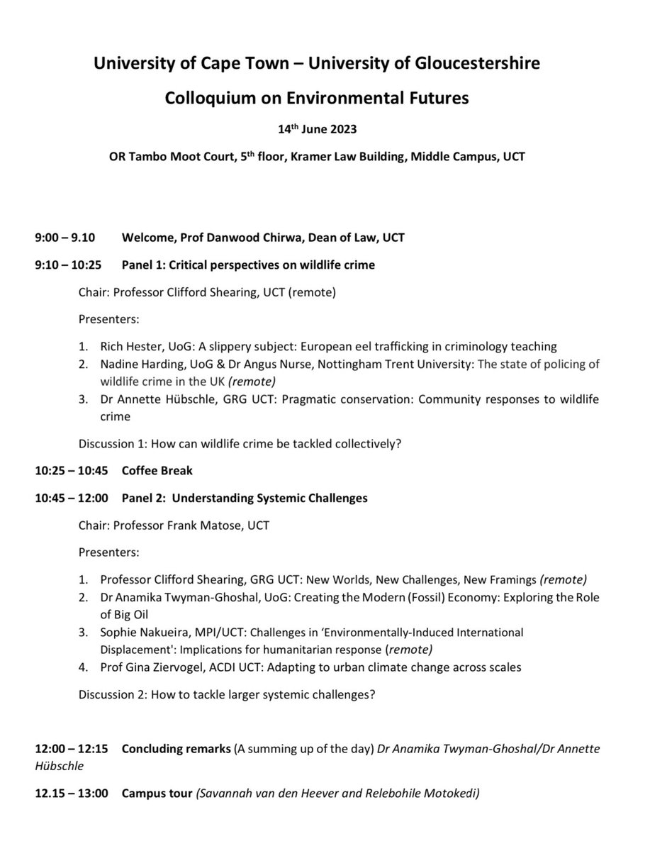 Fantastic line up at the <a href="/UCT_news/">UCT</a> and <a href="/UoGSocAndCrim/">UoG Social Sciences</a> #EnvironmentalFuturesColloquium in Cape Town with <a href="/AHuebschle/">Annette Hübschle</a>