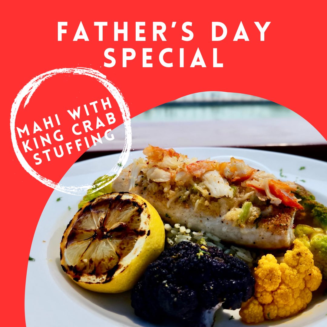 Upper Deck Father’s Day special: Mahi with King Crab 🦀 Stuffing! Mahi Mahi with King Crab stuffing, served with cilantro lime rice, house vegetables and a citrus herb butter. Oh so delicious! #pib #putinbay #fathersday #lakeerie
