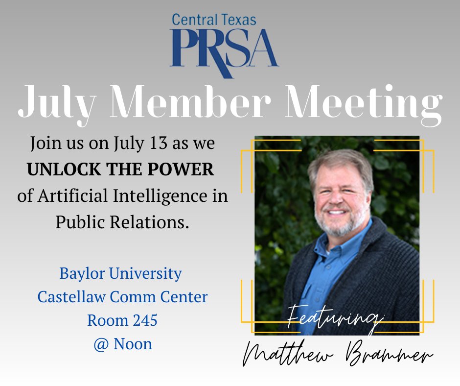 ~ Unlocking the Power of AI in PR ~

Join us on July 13 and unlock the power of Artificial Intelligence in Public Relations!

<a href="/MWBrammer/">MatthewBrammer</a>, a Baylor Lecturer, owner of a marketing and communications company for over three decades will introduce you to a new way to approach PR.