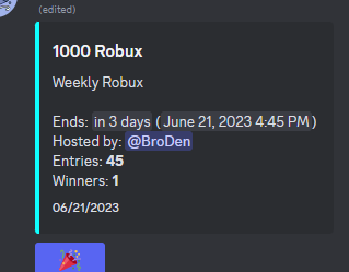 BrobotStudios's tweet photo. 1000 Robux Giveaway!!!
Only 3 days left!
To Enter:
・Like + Retweet 
・Follow Me 
・Join the Discord and hit the party hat in the giveaway channel https://t.co/J69hGUcaJS

Winners DMed
#ROBLOX #ROBLOXDev #robloxgiveaway #robuxgiveaway #robuxgiftcard #FreeRobux #robuxcodes https://t.co/QdXLXfSfix