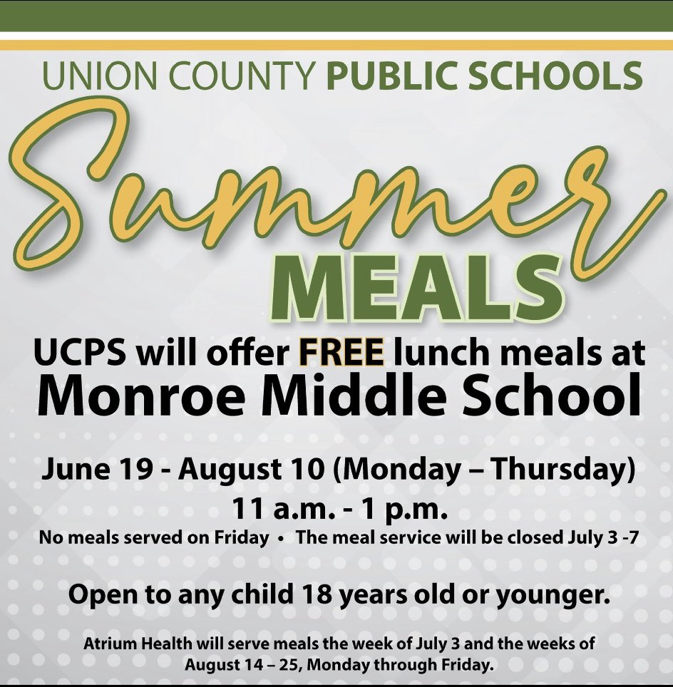 HSAMonroeMiddle's tweet photo. #summermeals #free #startthisweek #monroenc @AGHoulihan @UCPSNC https://t.co/Rsn7ACrj69