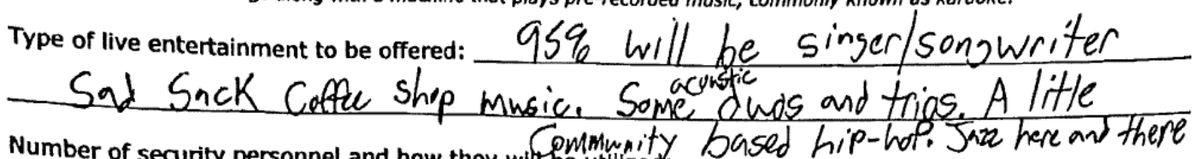 Cargo Coffee is seeking an alcohol/entertainment license, with this description of their live music