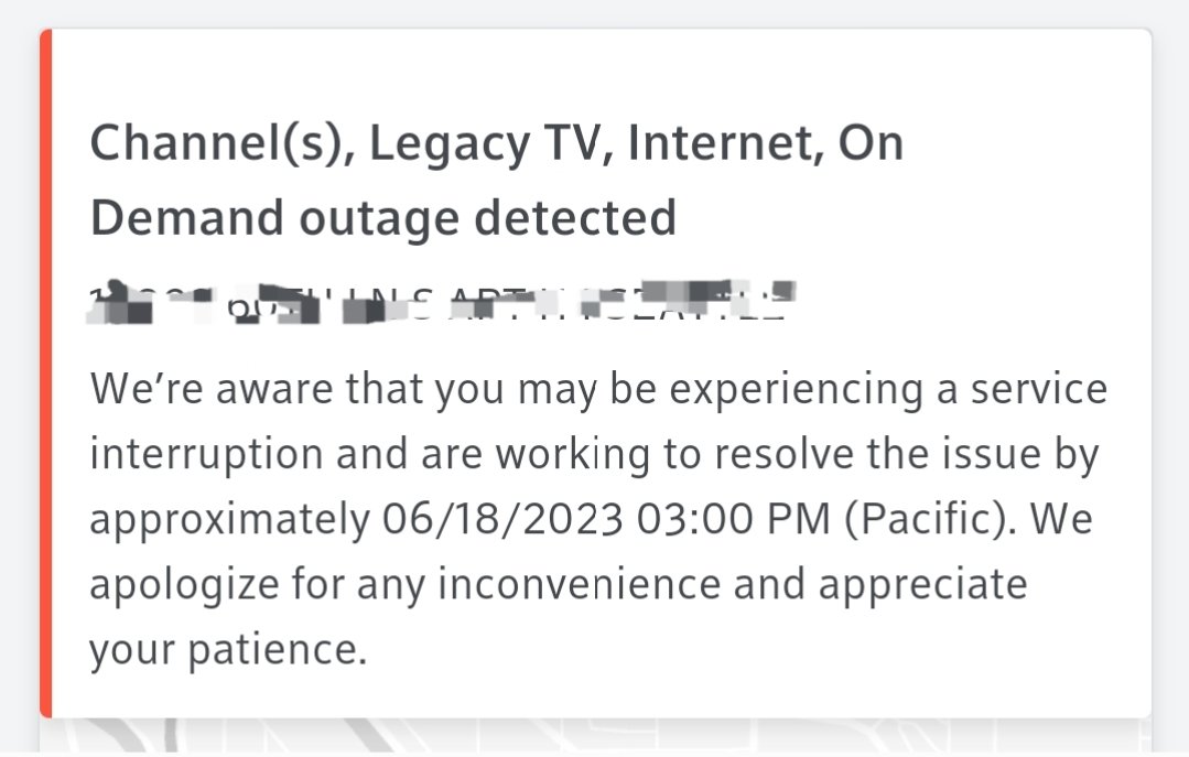 With this update, the South End #Xfinity outage will put all of Renton, Kent, SeaTac, Burien, & South Seattle out of internet/tv services for 24hrs with:

• no reason what caused the outage
• no consistent time when it will be back
• no approx. numbers affected (I asked)