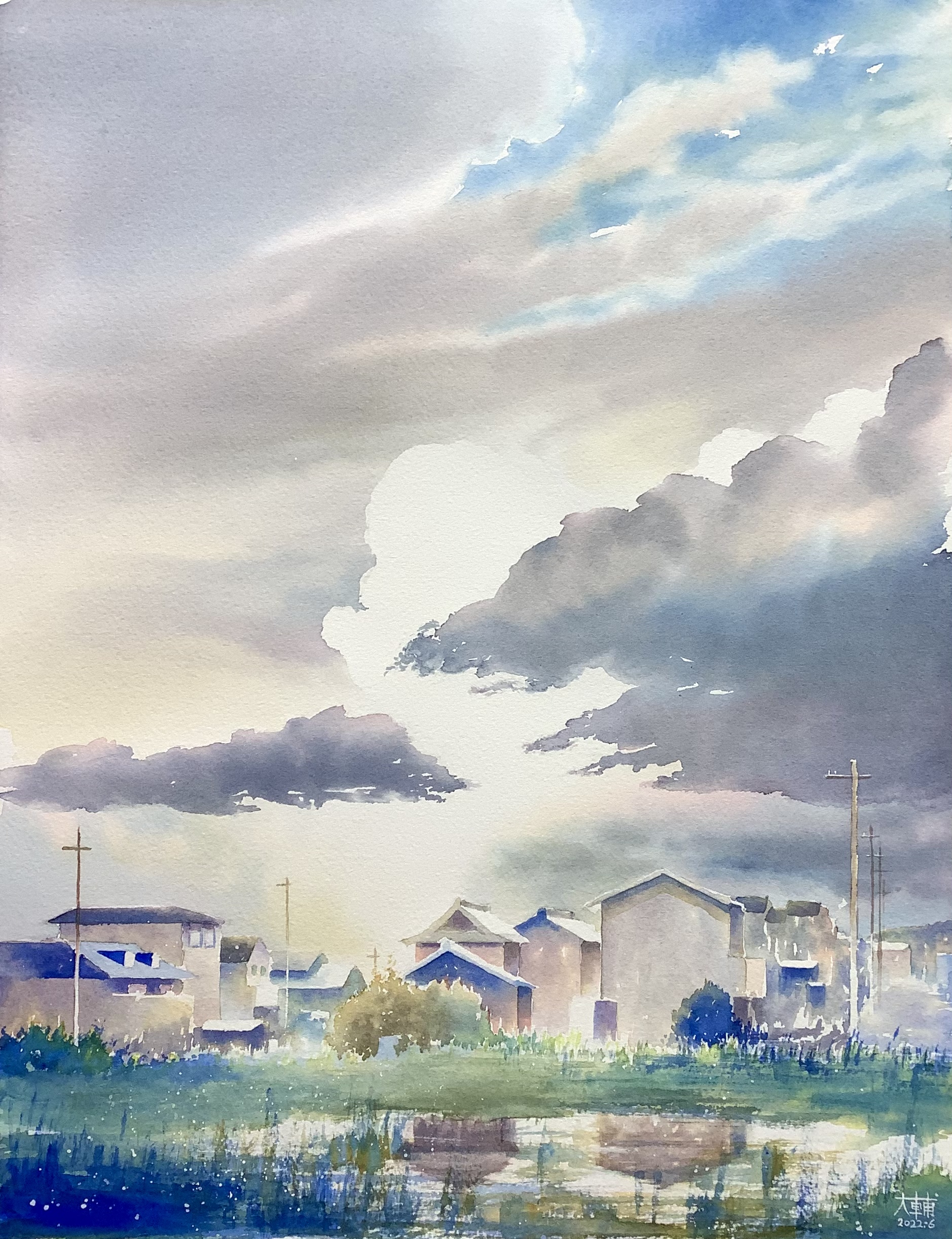 水彩画　海水浴 水彩画「海水浴」 - ふくろう絵本屋