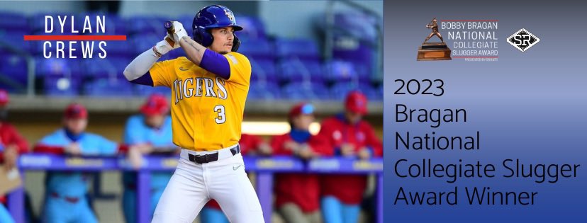 braganslugger's tweet photo. Dylan Crews is our Bobby Bragan National Collegiate Slugger of the Year!
With 17 home runs and 67 RBI this year, Dylan led LSU to a College World Series berth and first game win. Let’s GEAUX Crews! #SRBats https://t.co/BzPvZAsNOA