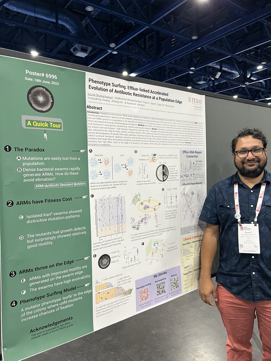 Paradigm shifting poster presentation by @necrosignaling Souvik Bhattacharyya on 'phenotype surfing' in E. coli at #ASMicrobe! Paper link: cell.com/molecular-cell…