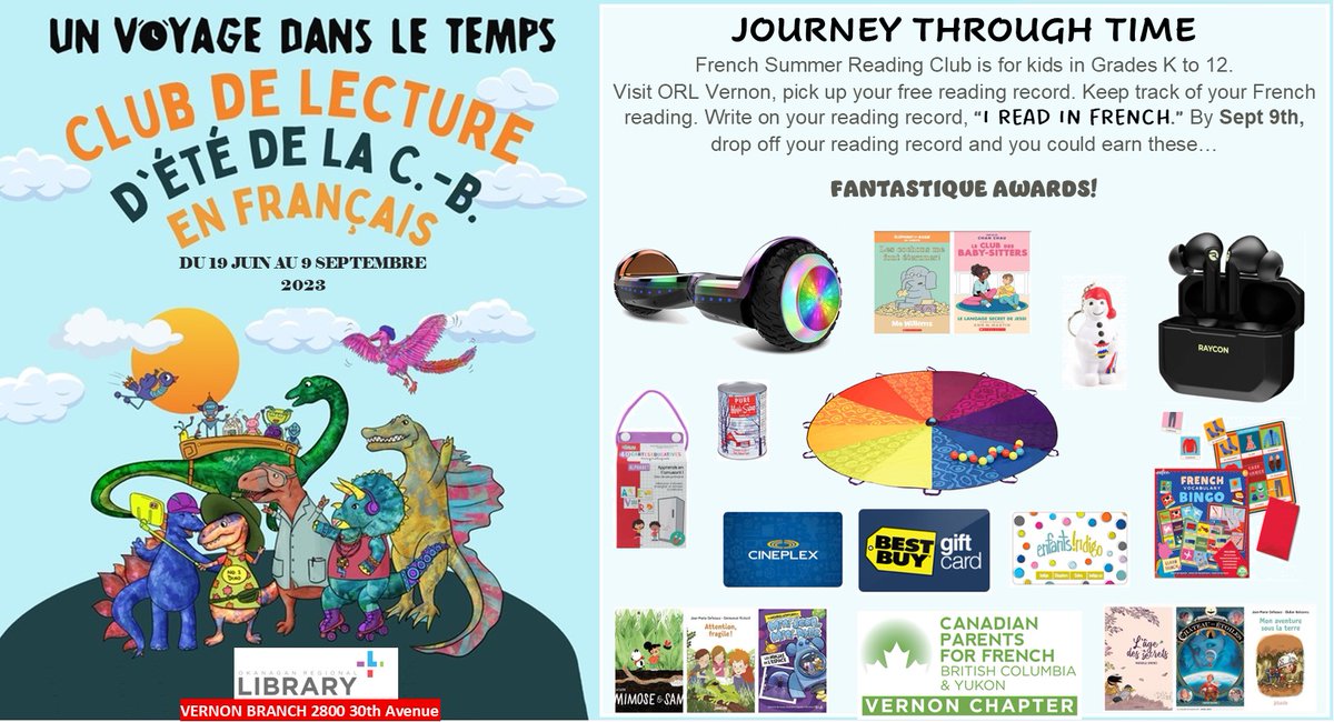 We are thrilled to be able to once again support Okanagan Regional Library Vernon's French Summer Reading Club by providing awards to our brilliant K-12 French students. Starts Monday! #FrImm #ReadFrench #Motivation #KeepThemReadingParents
@EcoleBeairsto @WLSeaton @HarwoodEl