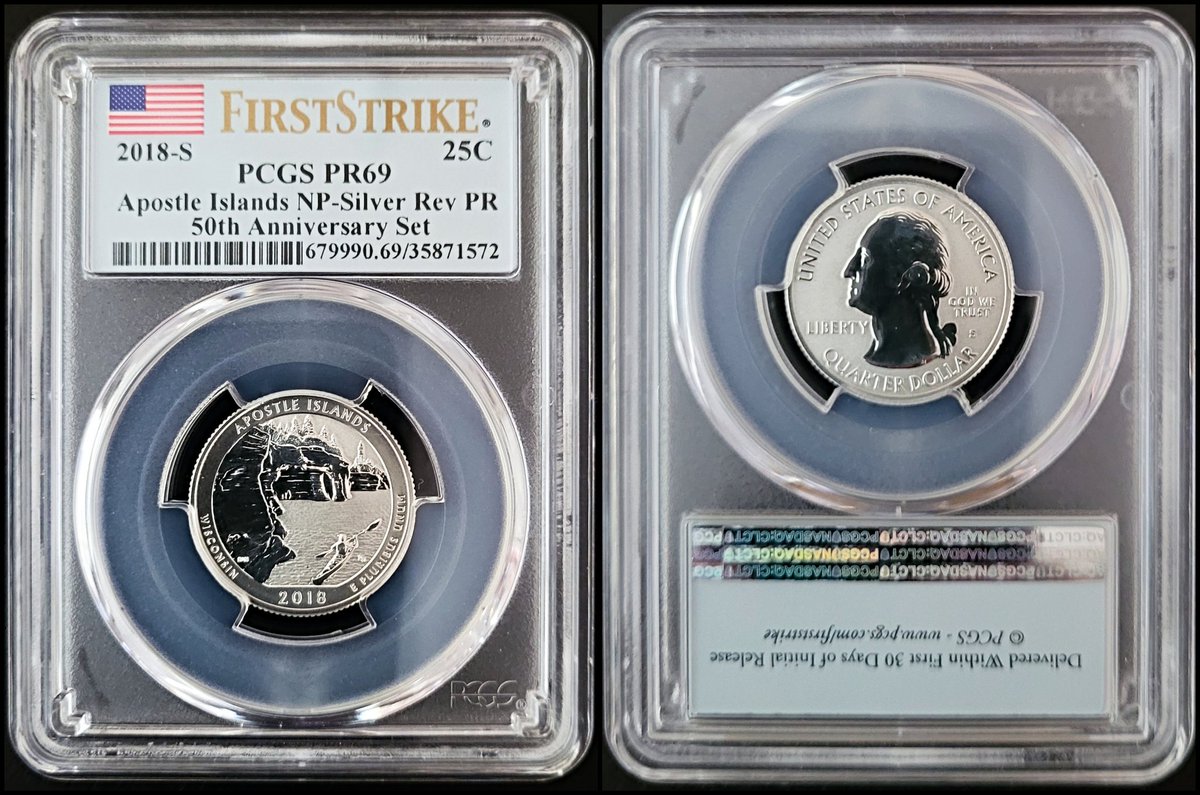 Apex_Collecting's tweet image. Silver 2018 reverse proof quarter. This one has Apostle Islands reverse &amp;amp; graded 69 (near perfect). It was part of a 50th anniversary set &amp;amp; was included in early releases (aka "first strike").

#apostleislands #reverseproof #firststrike