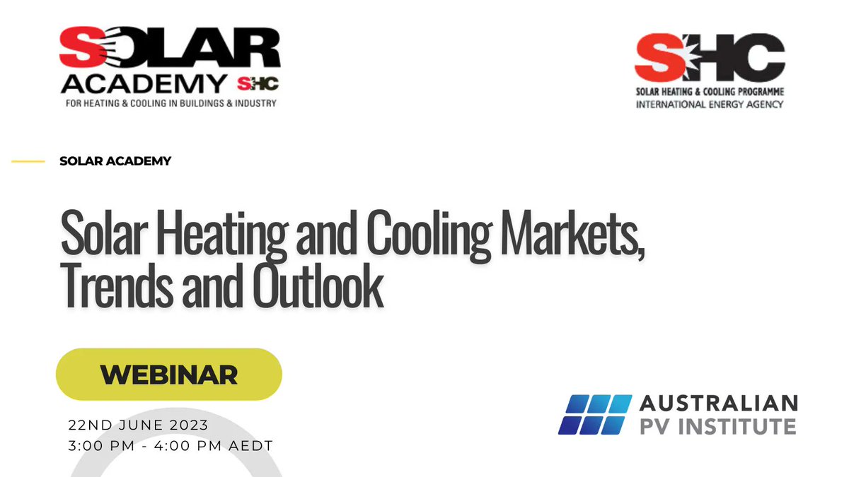 APVInstitute's tweet image. Join the IEA SHC Solar Academy on Thursday for their webinar broadcast on the developments and trends in the global solar thermal market in 2022 and presentation of major projects that are being implemented worldwide in 2023.  👉 buff.ly/43GxTKx #ieashc #solaracademy