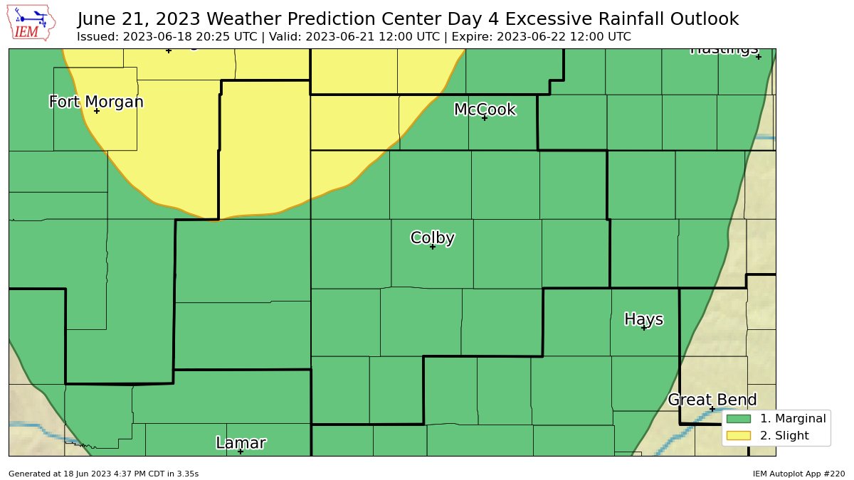 KSstormchasers's tweet photo. WPC issues Day 4 Slight Risk Excessive Rainfall Outlook at Jun 18, 20:25z for GLD https://t.co/V56tWKCNXD https://t.co/PReCLbIYDl
