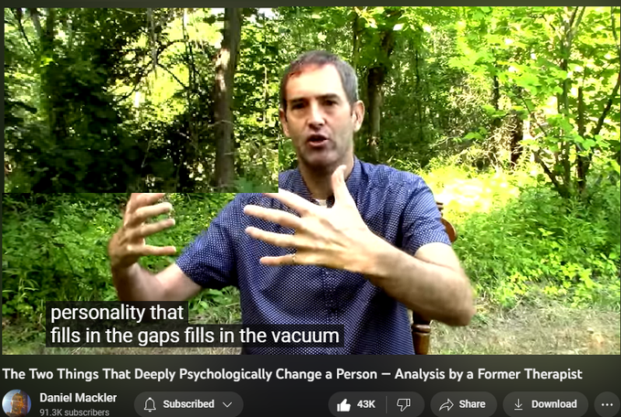 The Two Things That Deeply Psychologically Change a Person — Analysis by a Former Therapist
https://www.youtube.com/watch?v=xyqcqjwHcis
880,653 views  16 Oct 2020
I hope you found value in this video!  Wishing everyone the best!

My book “Breaking from Your Parents”:  http://wildtruth.net/breaking-from-yo...

My “Breaking from your parents” video on youtube:    

 • Breaking From You...  

Quite a few people have also asked for information on doing self-therapy and healing from childhood trauma, so I put together a playlist of my videos on the subject:    

 • Self-Therapy and ...  

My Website: http://wildtruth.net
My Patreon: https://www.patreon.com/danielmackler
If you wish to donate:  http://wildtruth.net/donate/