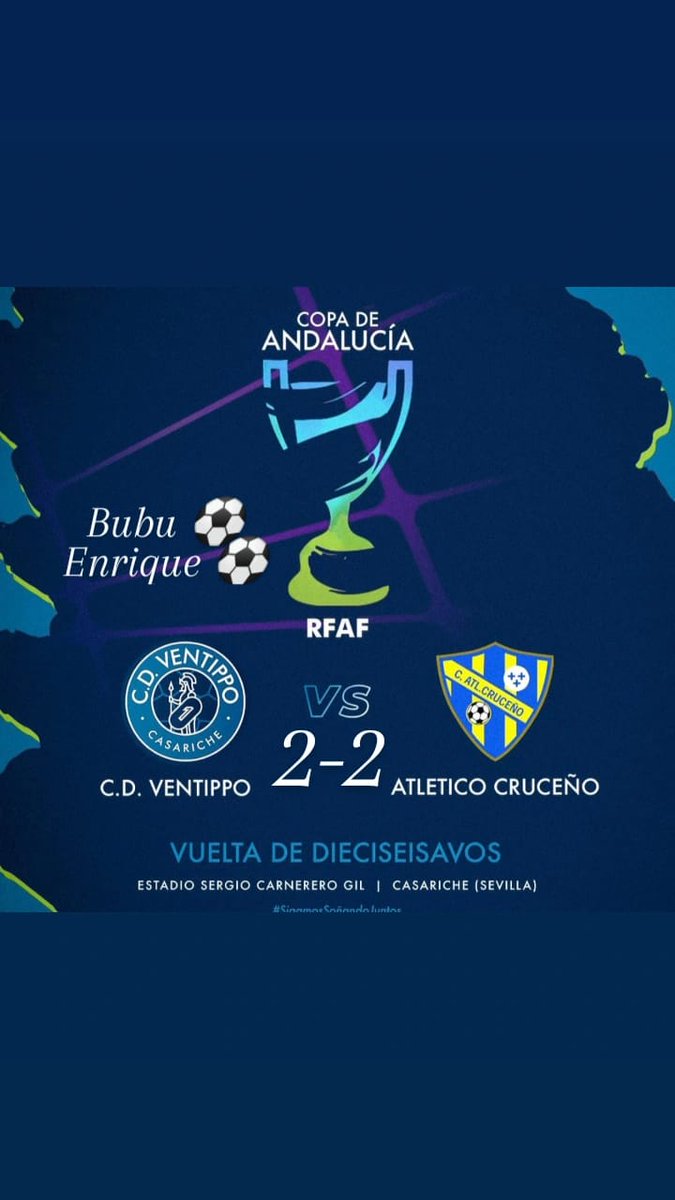 🏆𝐂𝐎𝐏𝐀 𝐀𝐍𝐃𝐀𝐋𝐔𝐂𝐈́𝐀🇳🇬

🏆 VUELTA DIECISEISAVOS 

⏱️FINAL DEL PARTIDO 

⚽ #CDVENTIPPO 2 🆚2 #ATLCRUCEÑO

✅ Anotaron: Bubu y Enrique 

🏆#COPAPROVINCIAL
#VENTIPPOSOMOSTODOS
#VAMOSAZULES