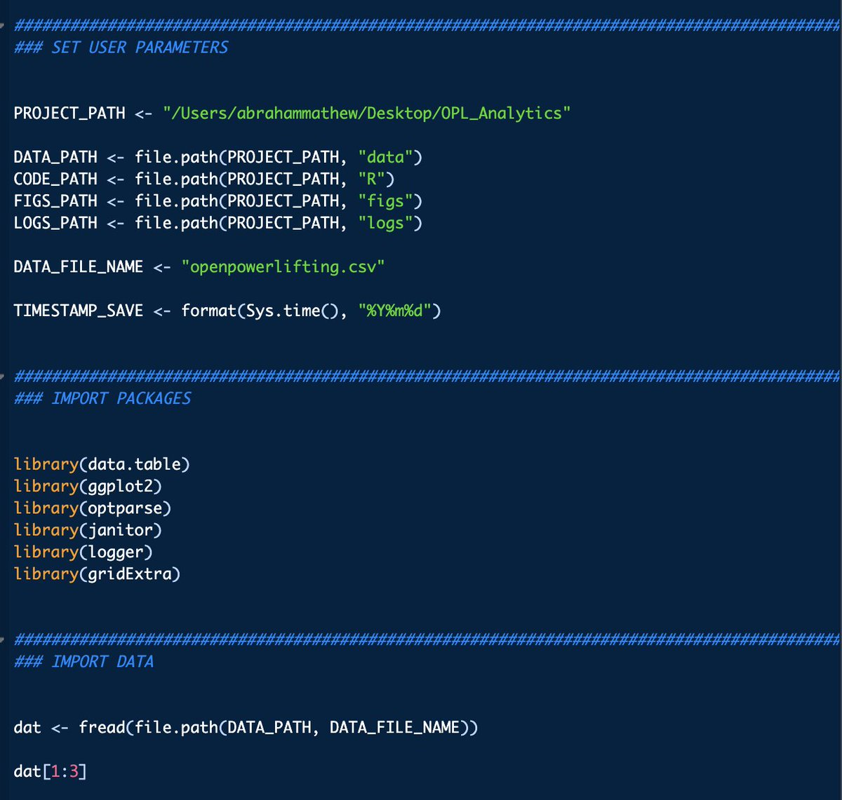 becomegooder's tweet photo. Have a directory where all your data, outputs, and code are stored. One way to access elements in those directories is with the file.path function.
1. Create a variable with the project path
2. Import the data from the data sub directory
#rstats
#rdatatable
#tidyverse https://t.co/bYowr73lMZ