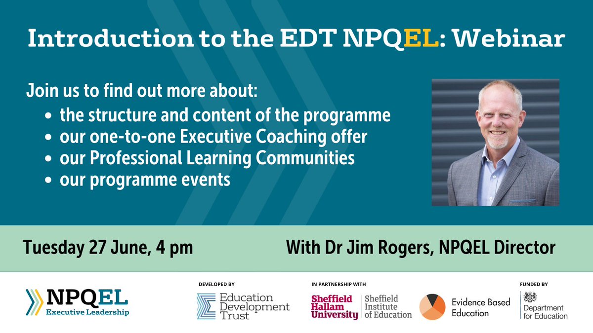 There's only 4 days until our Introduction to the EDT #NPQEL webinar!

Led by NPQEL Director @jimrogers72, the webinar will provide an overview of the programme and how it can support you with your professional development.

Sign up now:  educationdevelopmenttrust.zoom.us/webinar/regist…
