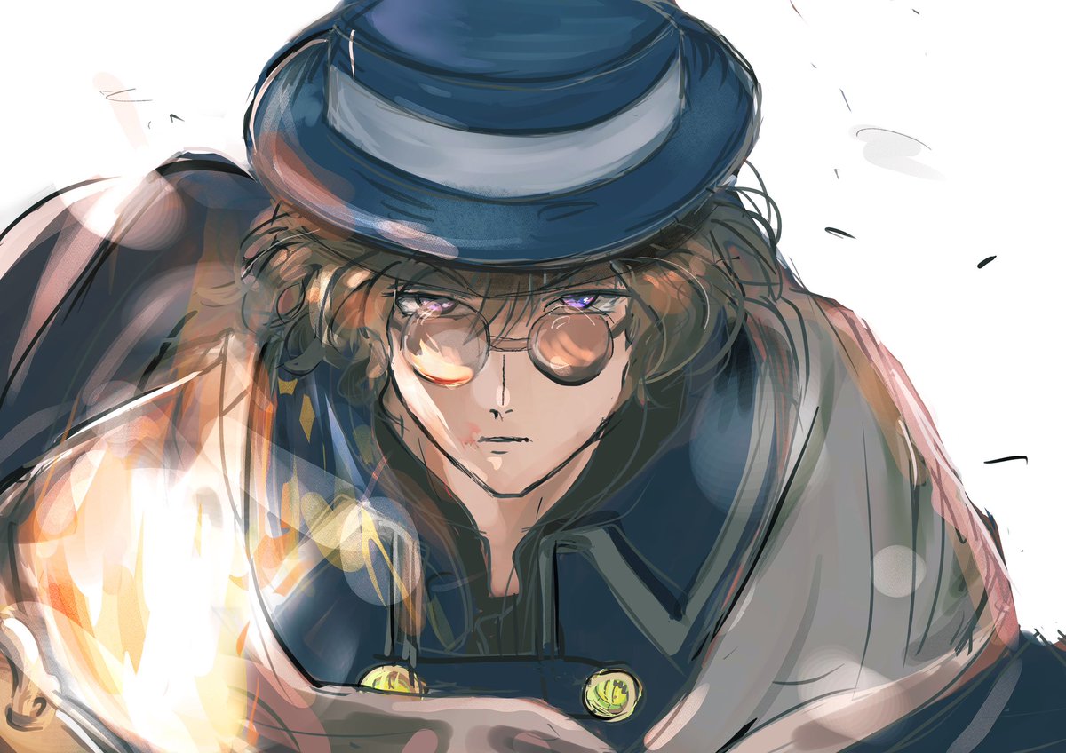 hat solo male focus 1boy brown hair looking at viewer glasses  illustration images