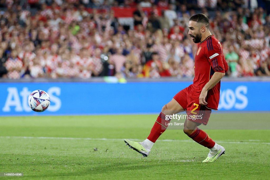 Dani #Carvajal of #Spain celebrates with teammates after scoring the winning penalty in the shoot out during the UEFA #NationsLeague 2022/23 final match against #Croatia at De Kuip in Rotterdam, Netherlands. 📸: @LarsBaron1975, @AllSportSnapper - @UEFA, Stuart Franklin - UEFA.