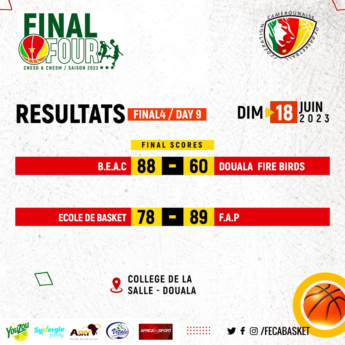 FECABASKET's tweet photo. Résultats de la 9ème journée du FINAL4.
#CNESM 🇨🇲#Final4 #FibaAfrique #WinforAll #getogether https://t.co/MZSUfedMdy
