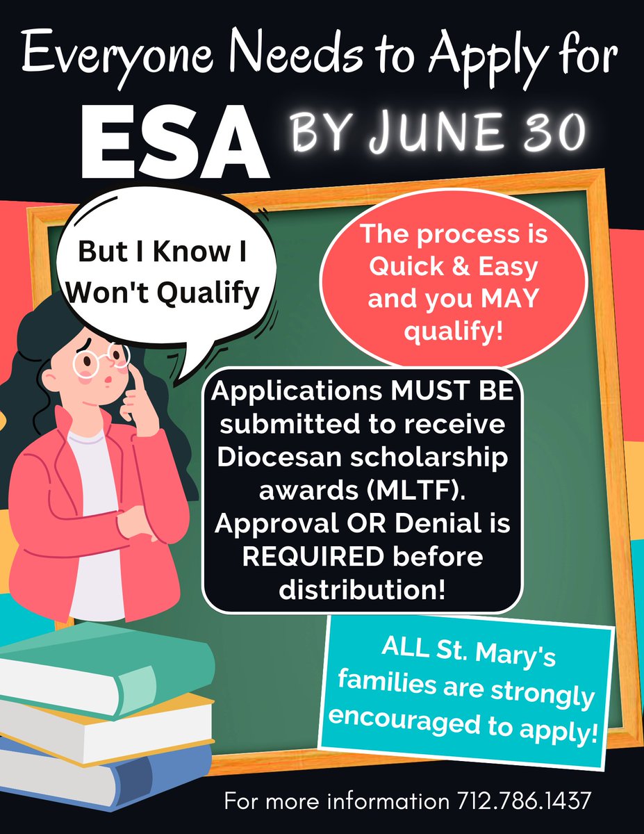 Don't delay - get your application completed now! Have questions? Just call 712-786-1437 for more info. #ESA #diocese @sccatholicschools @siouxcitydiocese