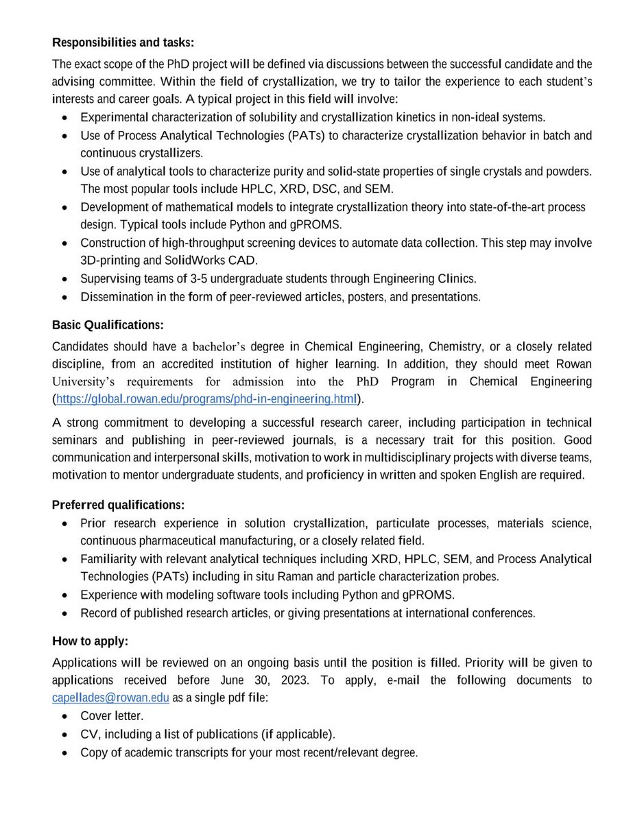 PhD Position in Pharmaceutical Crystallization at the College of Engineering, Rowan University.