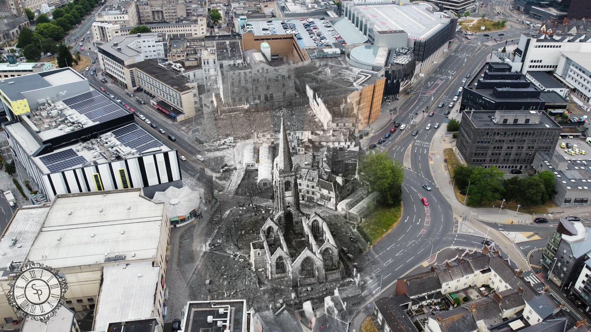 PlymouthShadows's tweet photo. Charles Church post-blitz and again today 2023, a lot has changed here and although many of us in the present criticise the new look City I think those who went through those years would approve of the rebuilding to some degree.
RESURGAM #shadowsofourpast #plymouthfromabove https://t.co/bOcG2a70Ck
