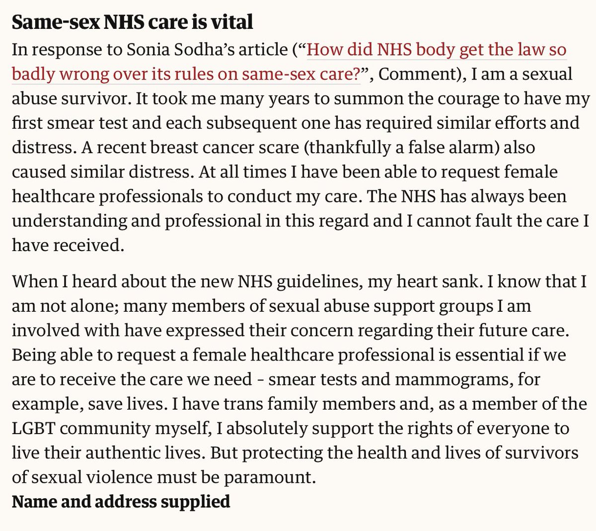 Really good letter from a reader in response to my Observer column on the legally illiterate NHS Confederation guidance on same-sex care last week. My thanks to her for sharing such personal but difficult insights ❤️