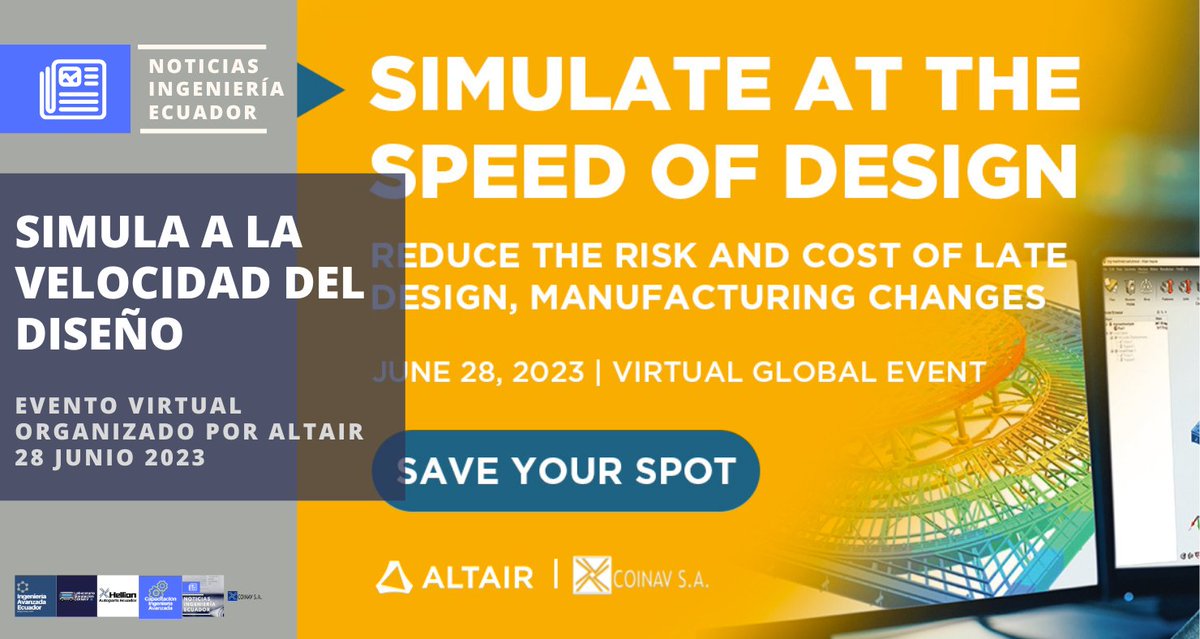 COINAV's tweet photo. Simula a la Velocidad del Diseño 2023: Evento virtual gratuito organizado por Altair y patrocinado por COINAV S.A. #ingenieriaavanzada 
#ecuador  
#elementosfinitos https://t.co/3g7Rs01C4e https://t.co/n1YdQ2Bvjp