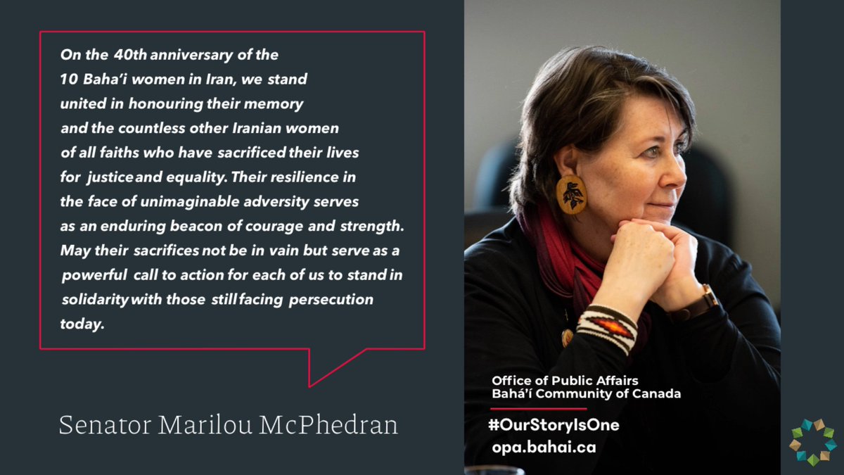CanadaBahai's tweet image. Thank you Senator McPhedran, @SenMarilou, for your statement in support of the 10 #Bahai women executed in Iran 40 years ago and all the Iranian women who are still victims of gender inequality and oppression of all kinds.

#OurStoryIsOne #GenderEquality